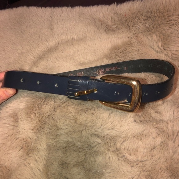 VINTAGE 70s Braemar Navy Blue Leather Belt w Fringe & Gold Tone Hardware Small - Picture 2 of 4